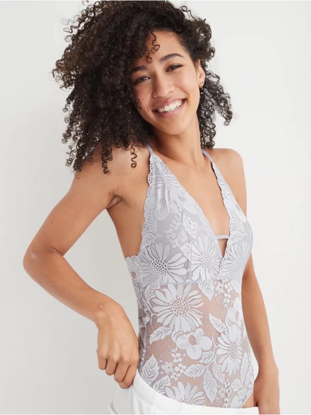 Aerie Garden Party Lace Bodysuit Gray Snow Size M NWT